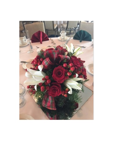 Roses and Plaid Flower Arrangement